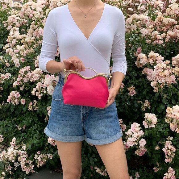 Hot Pink Pebble Leather Handmade Double Kisslock, Metal Frame Handbag Set - Picture 9 of 17